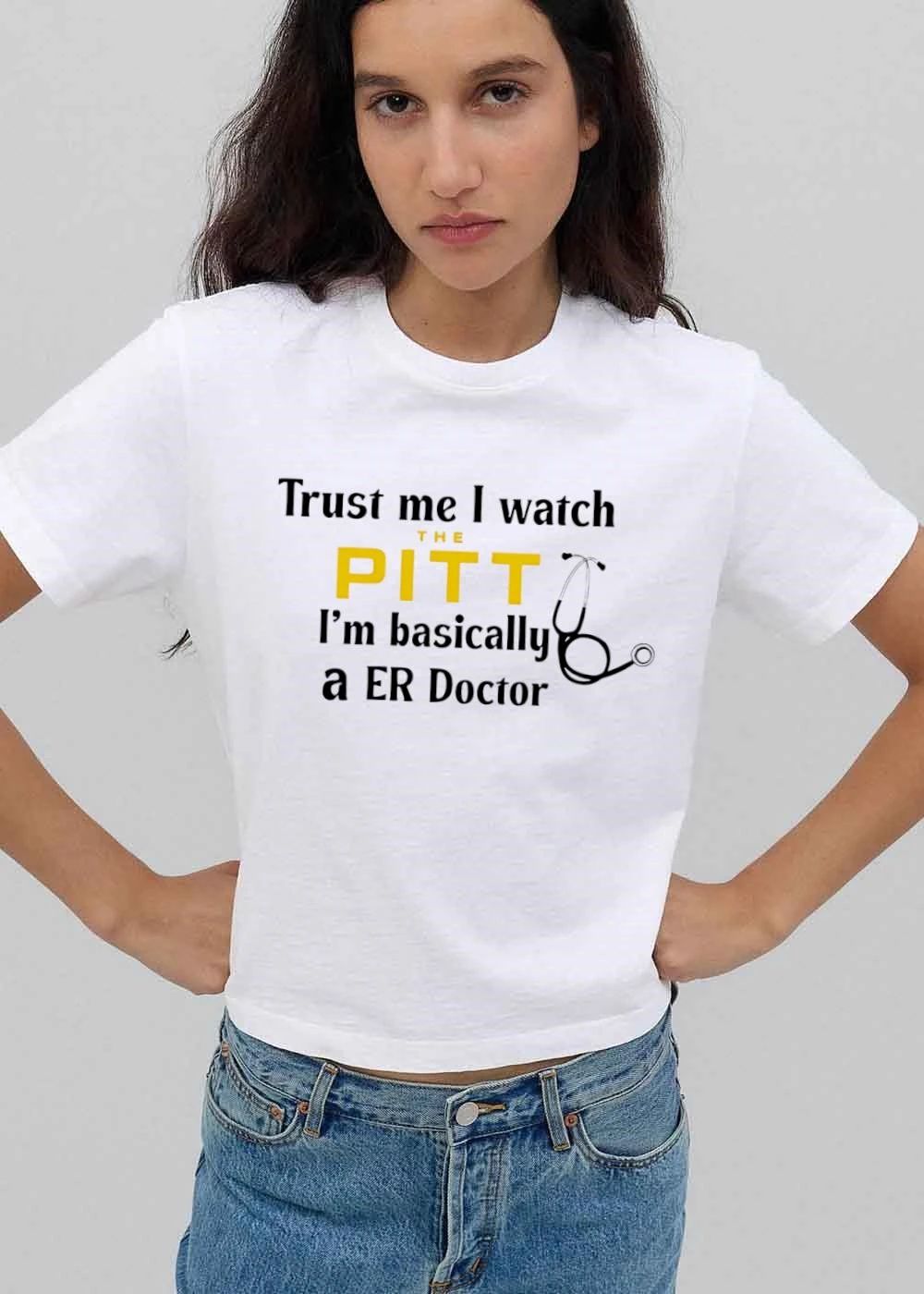 Trust Me I Watch The Pitt Im Basically A Er Doctor Black Stethoscope Line Art shirt