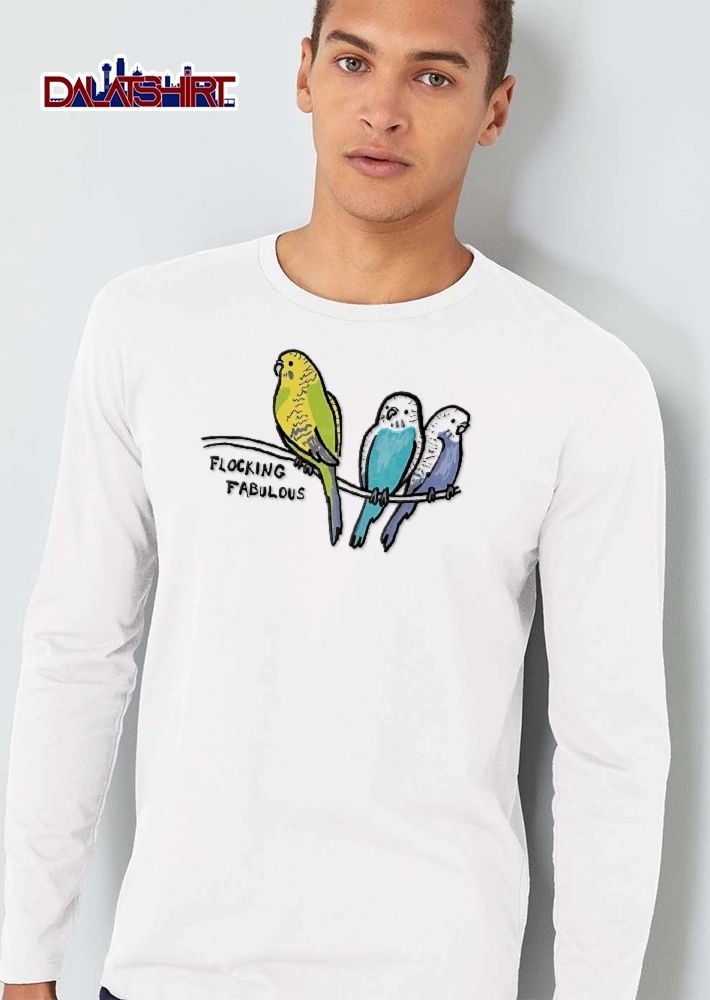 Flocking Fabulous Three Colorful Budgies Sitting On Wire Cartoon shirt
