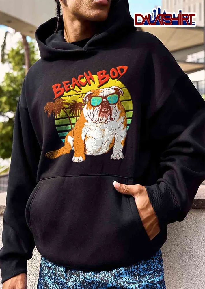 Beach Bod English Bulldog Sunglasses Palm Trees Retro Sunset Cartoon shirt