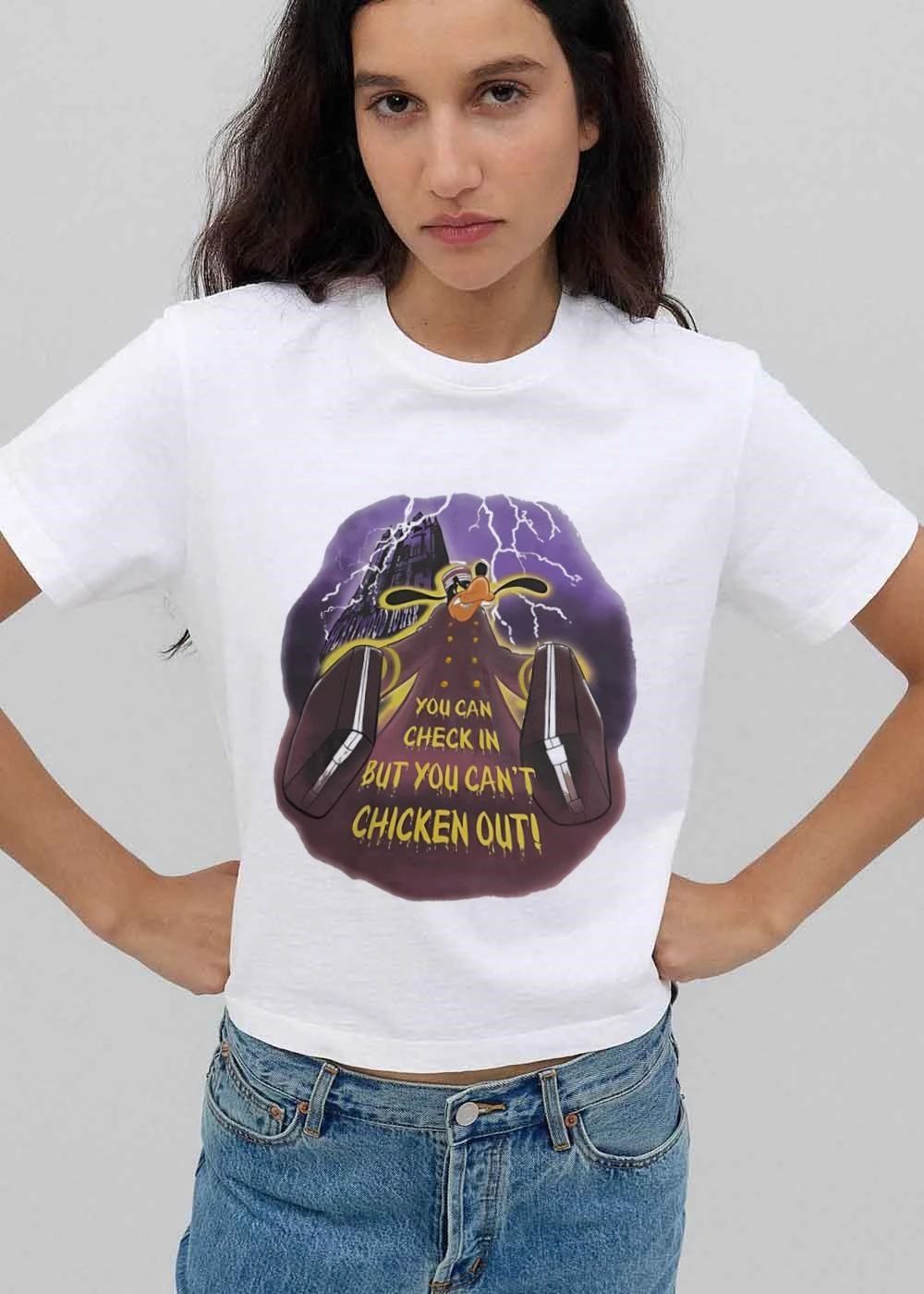 You Can Check In But Cant Chicken Out Cartoon Goofy Bellhop Suitcases Lightning shirt