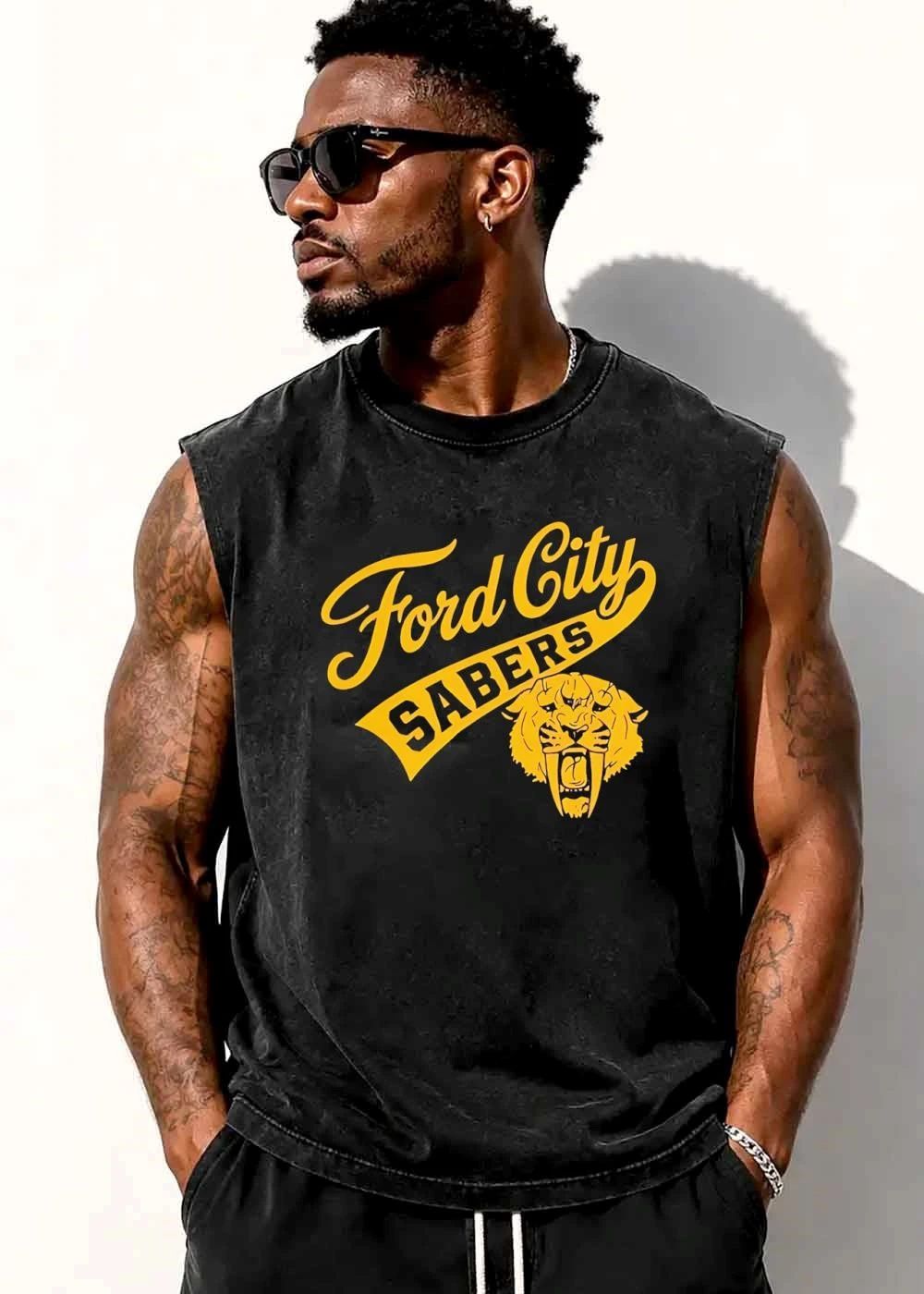 Ford City Sabers Yellow Sabertooth Tiger Head Script Banner shirt