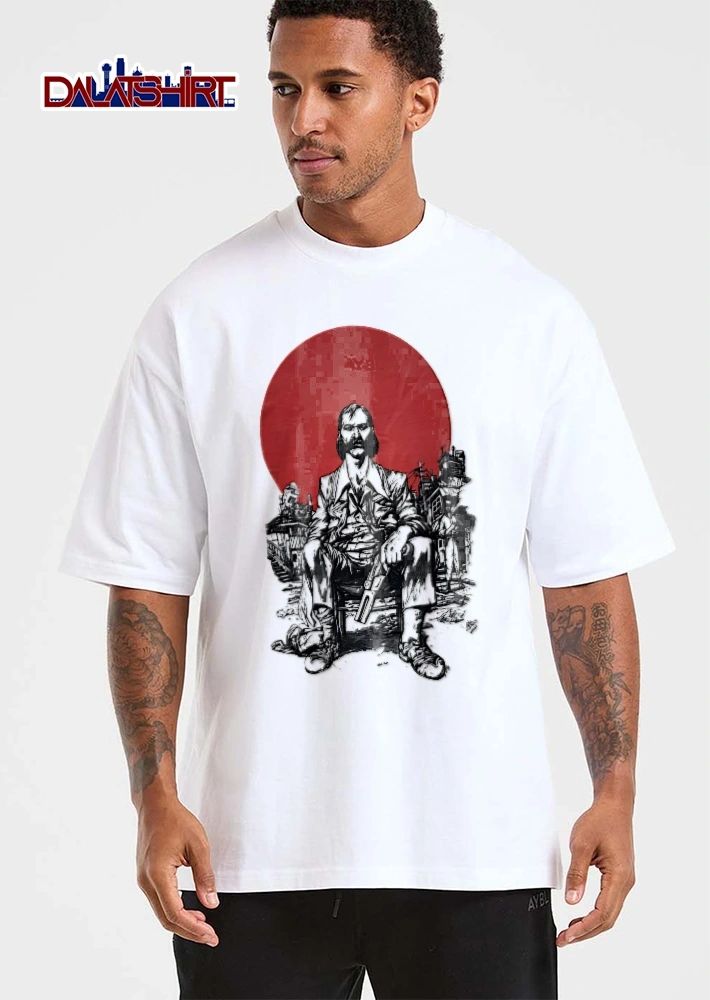 Harrier Du Bois Disco Elysium Kim Kitsuragi Seated Holding Gun Red Sun Line Art shirt
