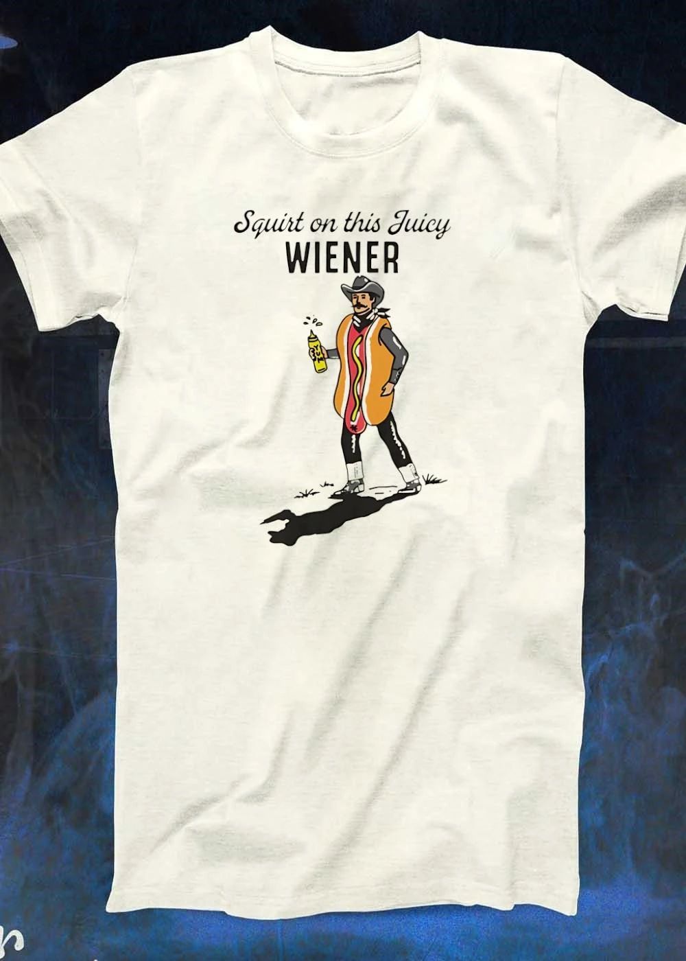 Squirt On This Juicy Wiener Cartoon Cowboy Hot Dog Costume Mustard Bottle shirt