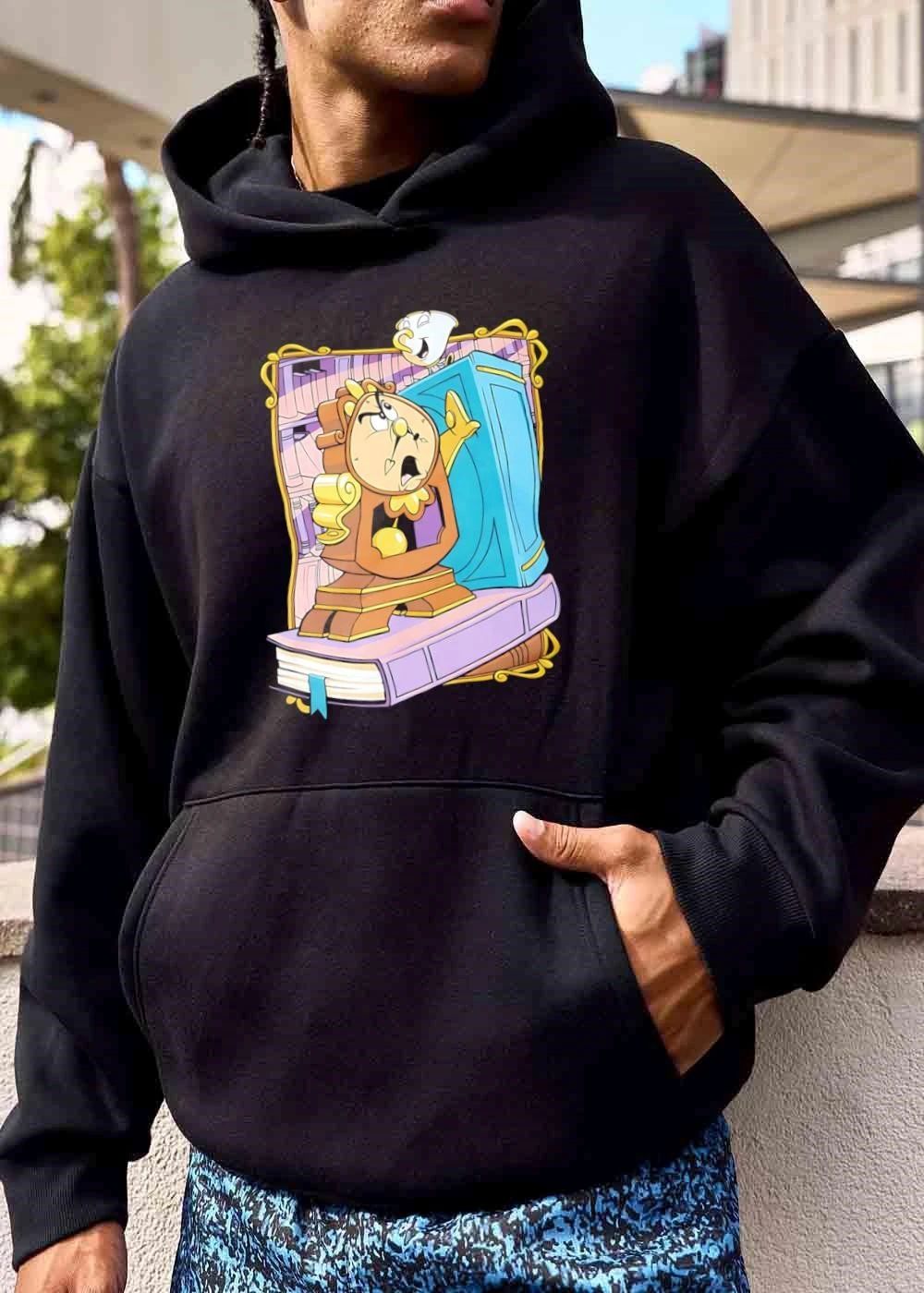 Cartoon Cogsworth Clock Chip Teacup Blue Armoire Books Frame shirt