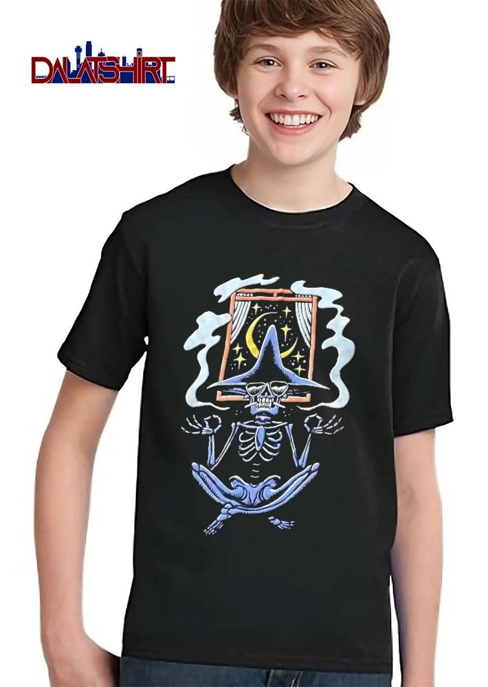 Cartoon Blue Skeleton Wizard Wearing Sunglasses Meditating Lotus Pose Night Window Crescent Moon Smoke shirt