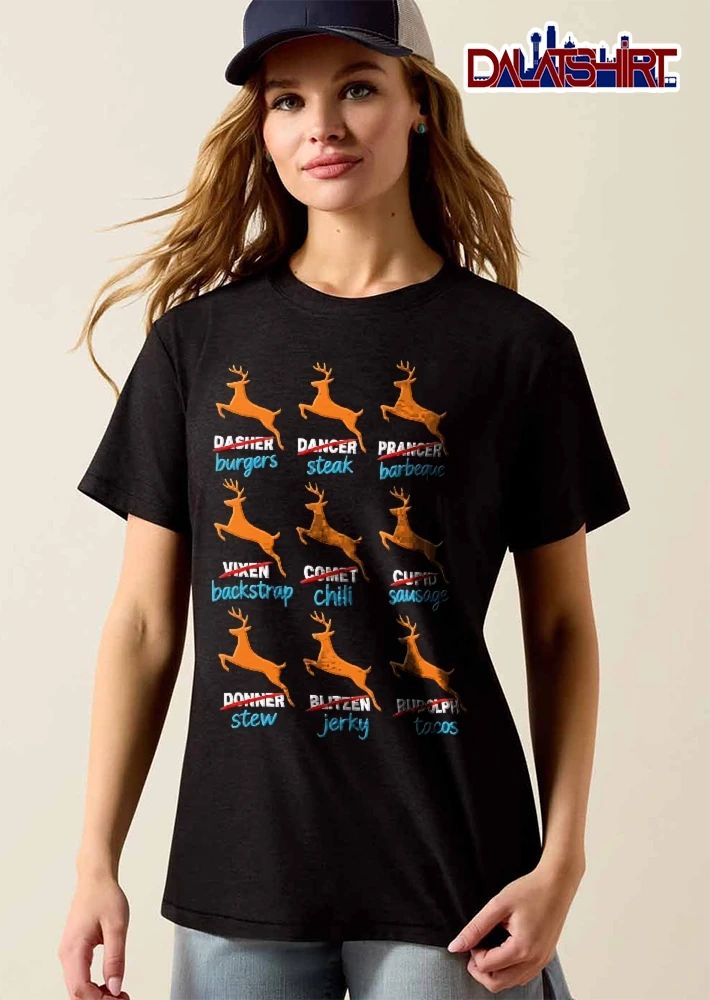Dasher Burgers Dancer Steak Prancer Barbeque Nine Orange Reindeer Silhouettes Grid shirt