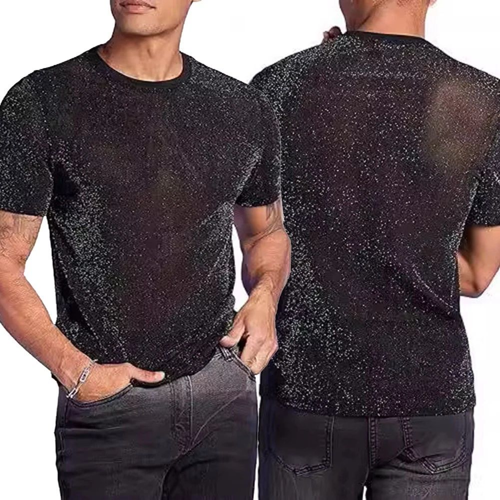 Stylish Men's Sequin Shiny Mesh Sheer Short Sleeve T Shirt for Parties