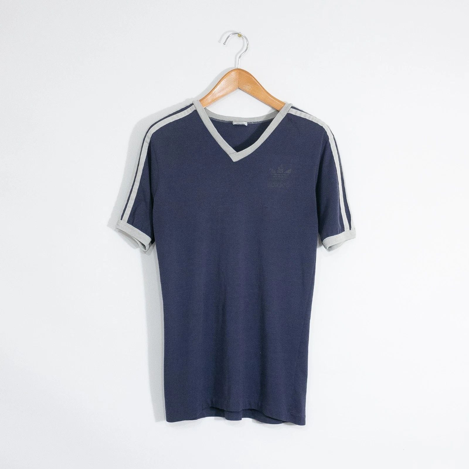 Vintage 80s Adidas Ringer T Shirt Mens Medium - V-Neck Distressed Striped USA