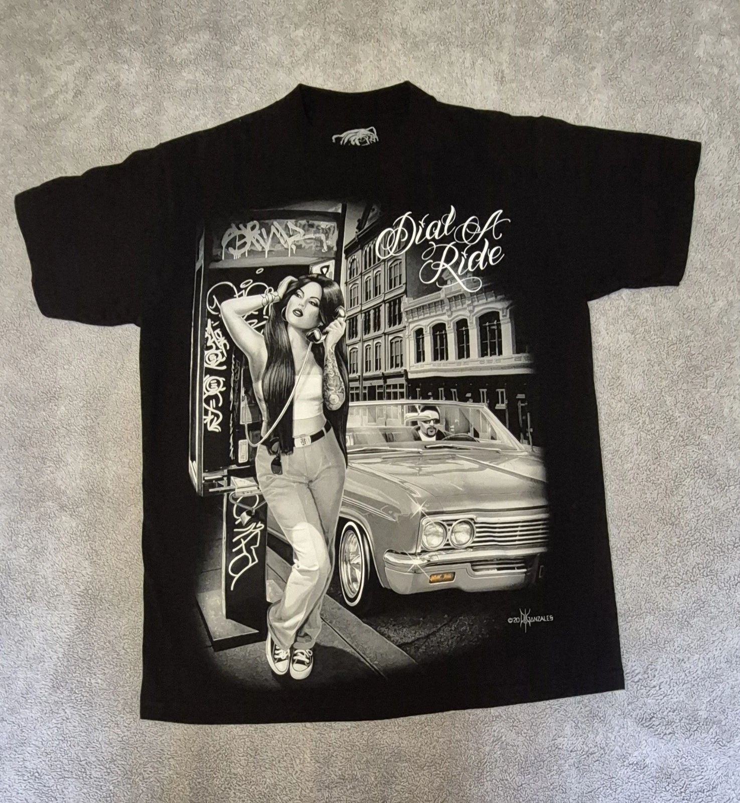 DGA David Gonzales Art Dial A Ride Chicano Black SS Graphic Shirt Men's Large