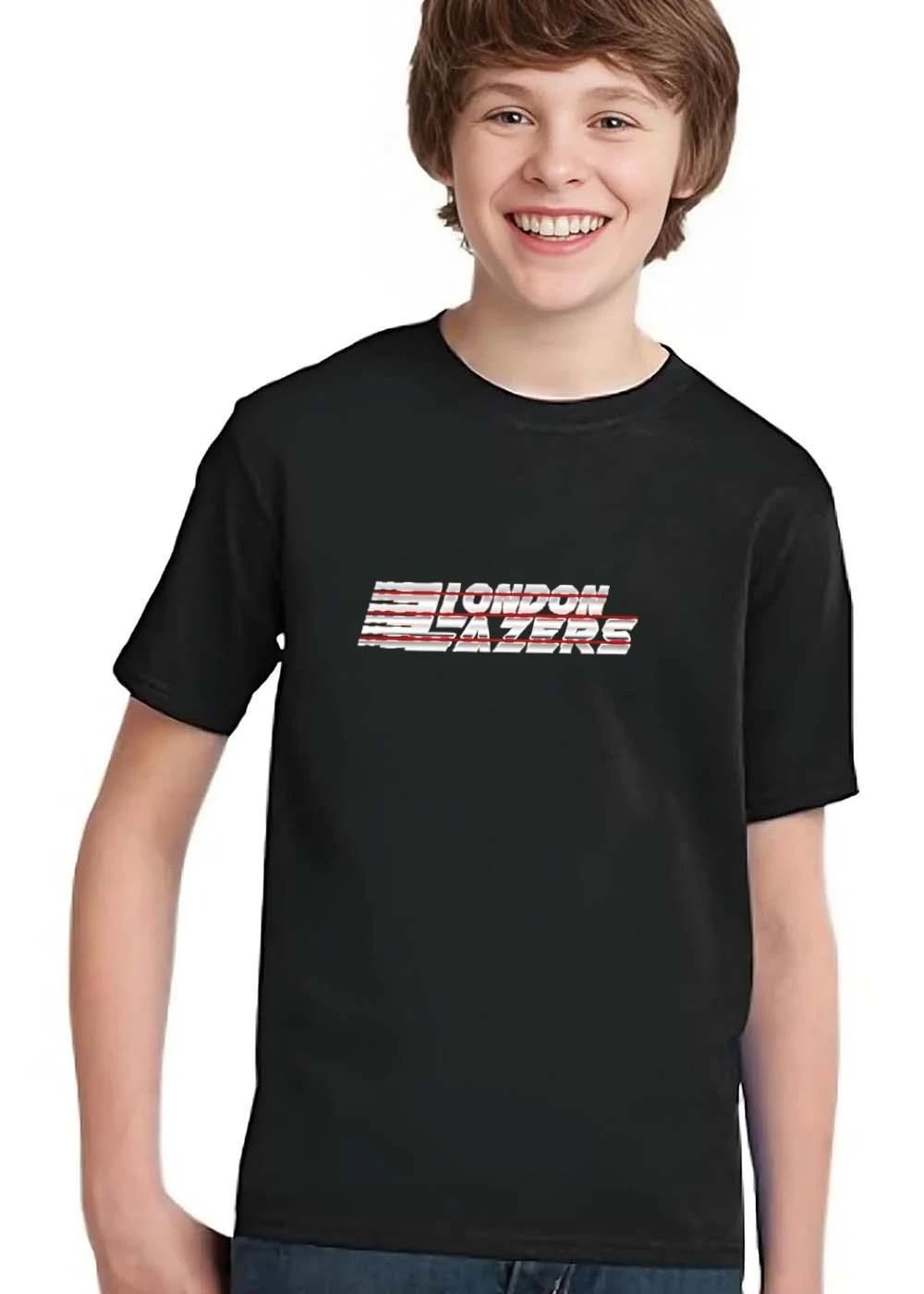 London Lazers Metallic Chrome Typography Red Horizontal Beams Speed Trails Retro shirt