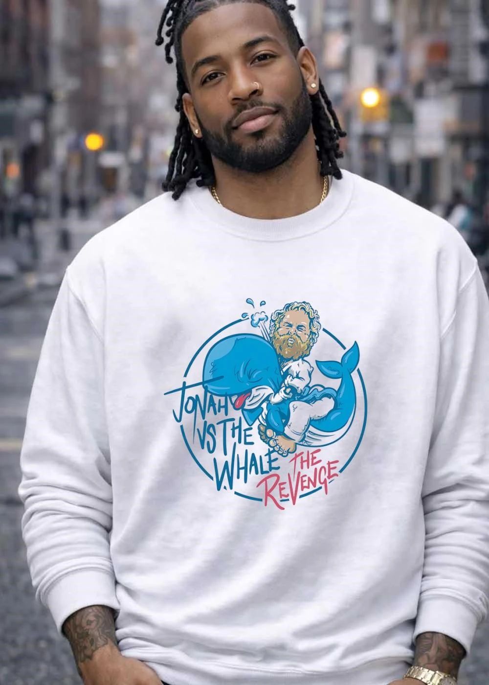 Jonah Vs The Whale Revenge Cartoon Bearded Man Grappling Blue Creature shirt