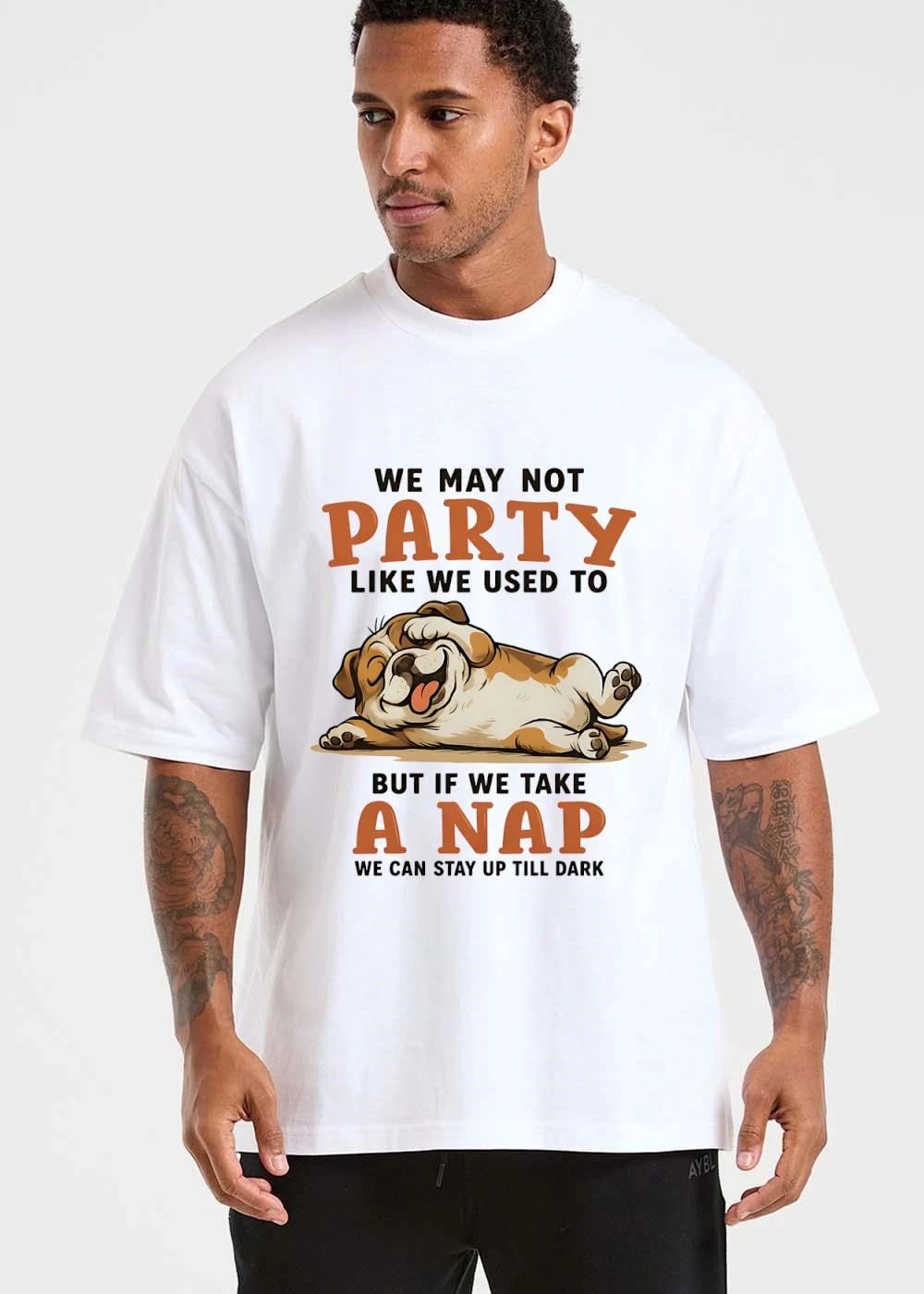 We May Not Party Like Used To But If Take A Nap Can Stay Up Till Dark Cartoon Bulldog Lying Down shirt