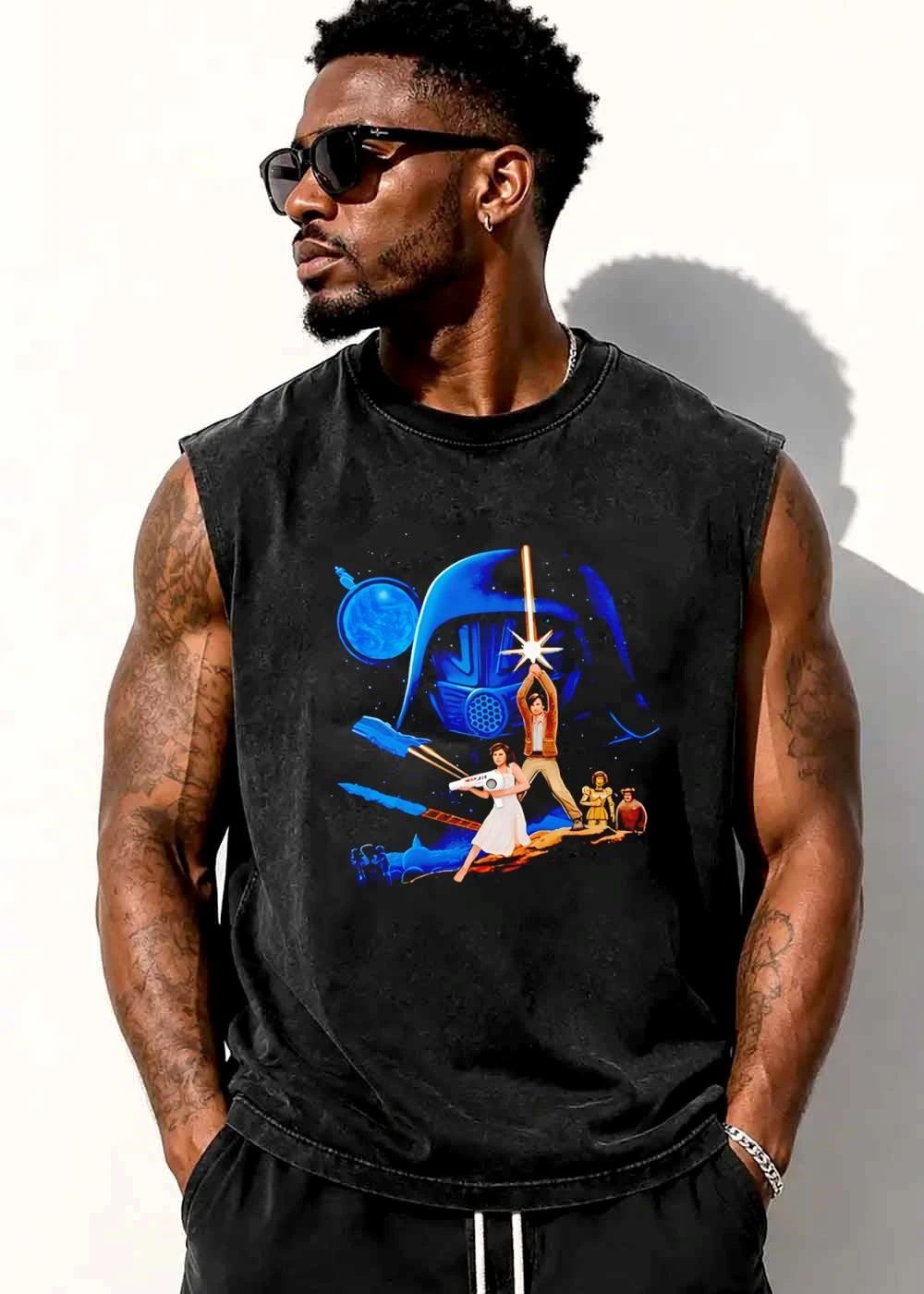 Retro Bootleg Sci Fi Movie Poster Heroes Holding Lightsaber Giant Helmet shirt