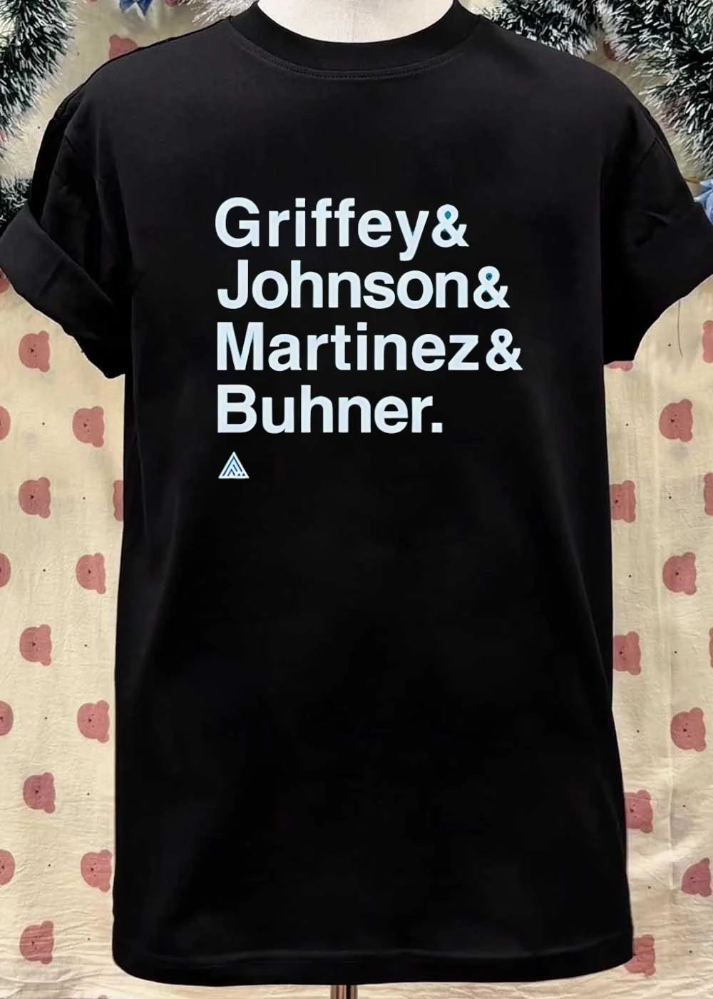Griffey Johnson Roster White Sans Serif Typography Text Black Background Triangle Logo shirt
