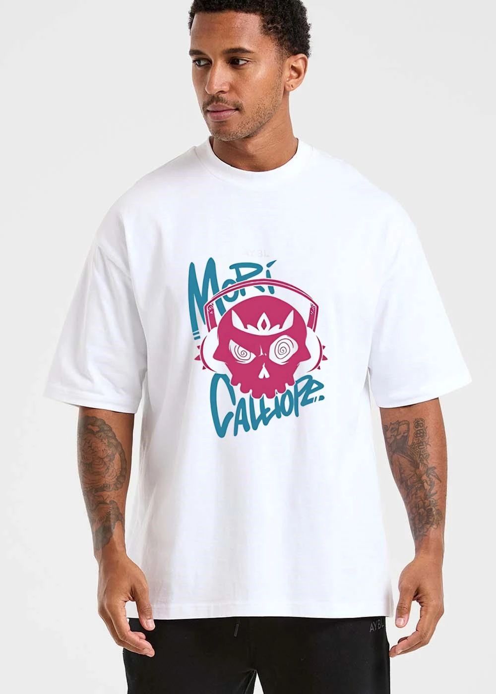 Mori Calliope Pink Skull Swirl Eyes Crown Headphones Blue Text shirt