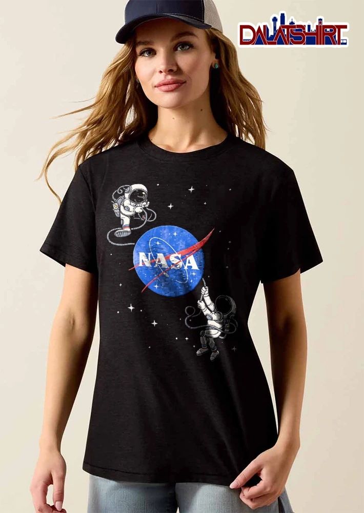 Nasa Two Cartoon Astronauts Spacewalking Floating Space shirt