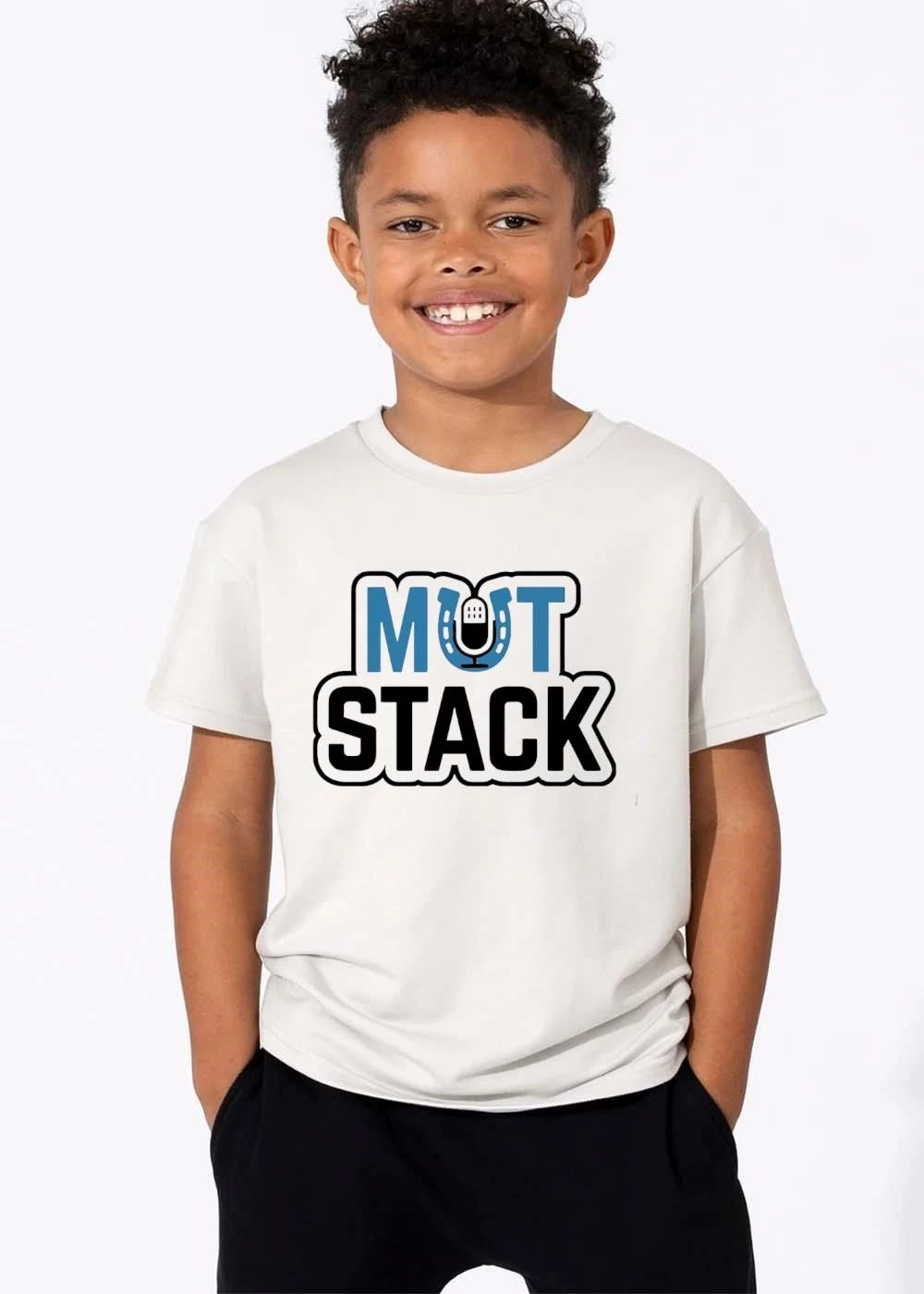 Mut Stack Blue Text Horseshoe Podcast Microphone Icon White Outline shirt