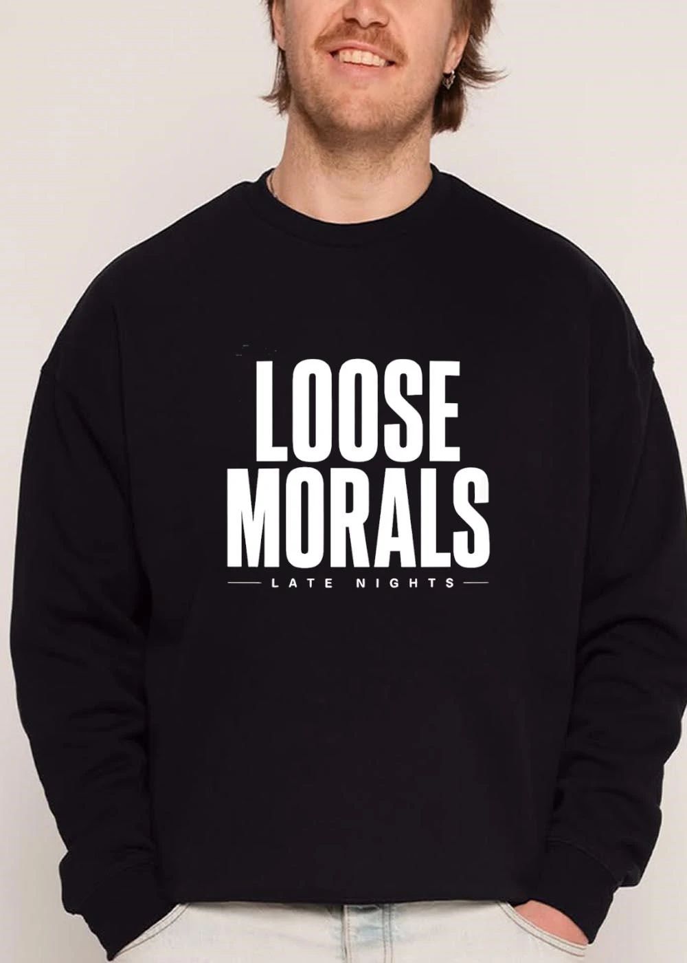 Loose Morals Late Nights Bold Tall Condensed Typography Horizontal Lines shirt