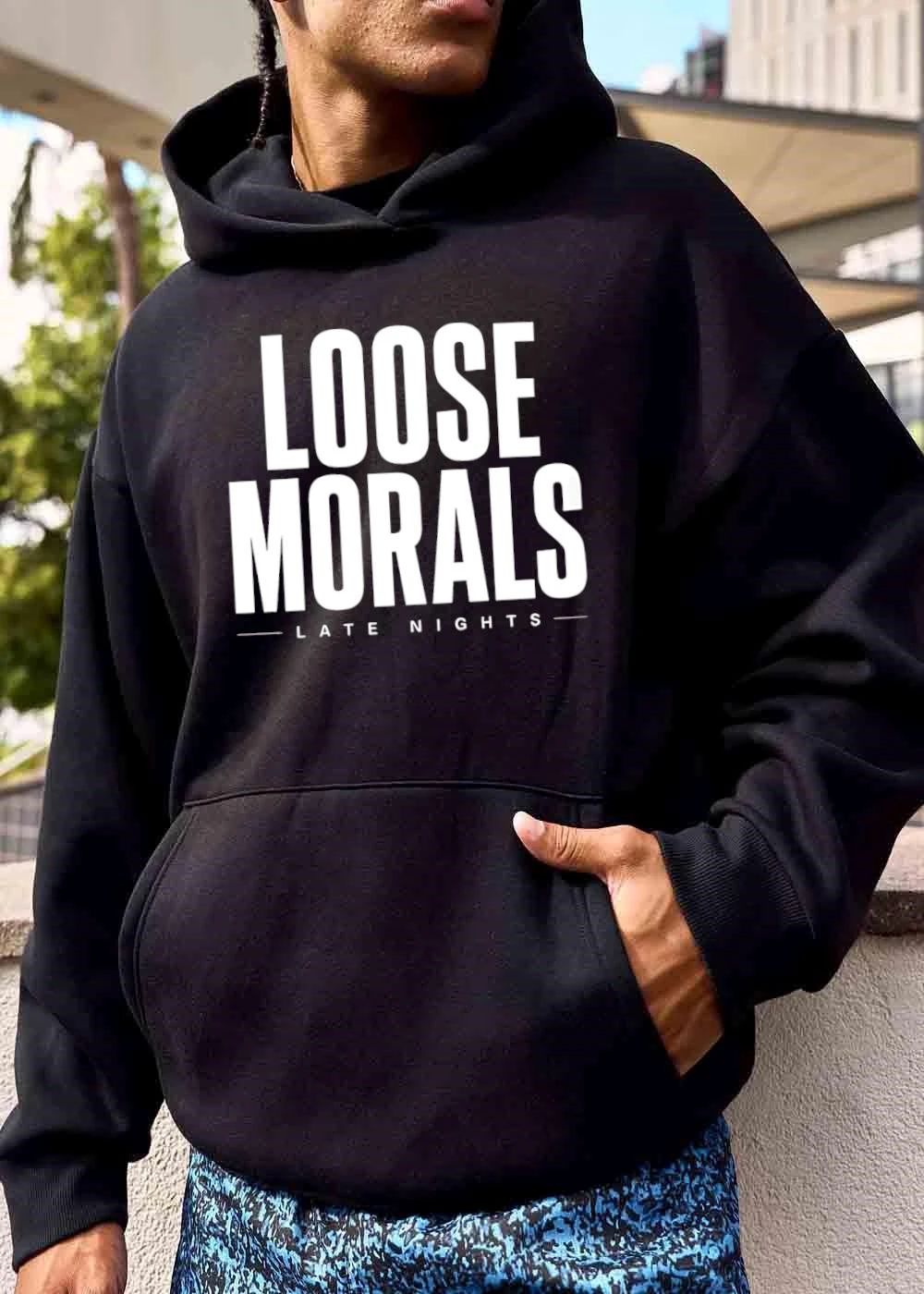 Loose Morals Late Nights Bold Tall Condensed Typography Horizontal Lines shirt