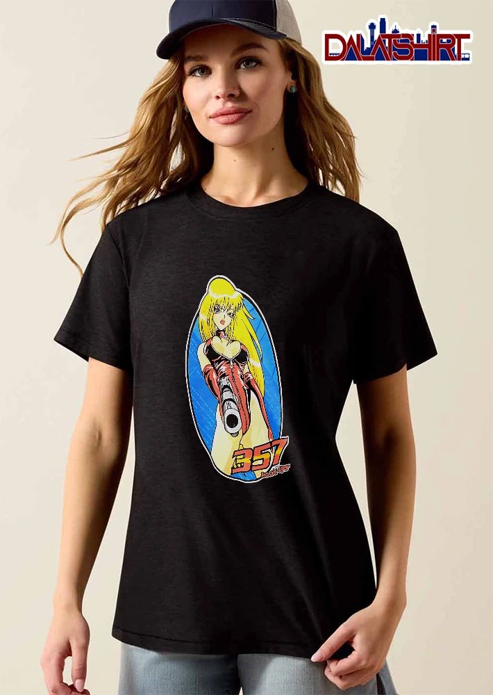 Hook Ups 357 Cartoon Girl Blonde Hair Pointing Gun Blue Oval Frame shirt