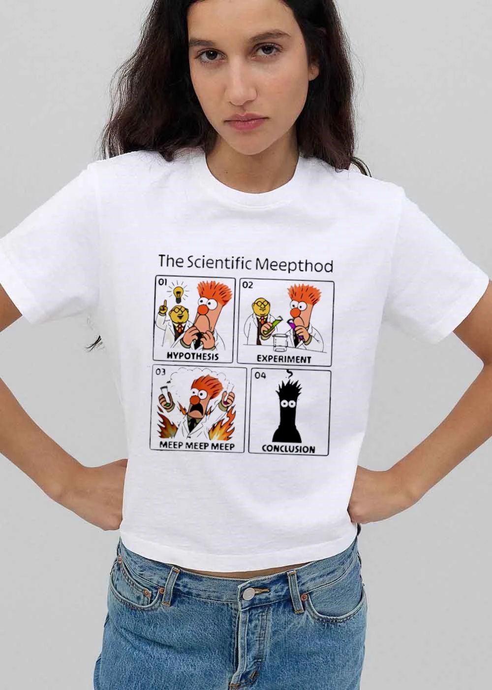 The Scientific Meepthod 01 Hypothesis 02 Experiment 03 Meep 04 Conclusion Cartoon Beaker Comic Panels shirt