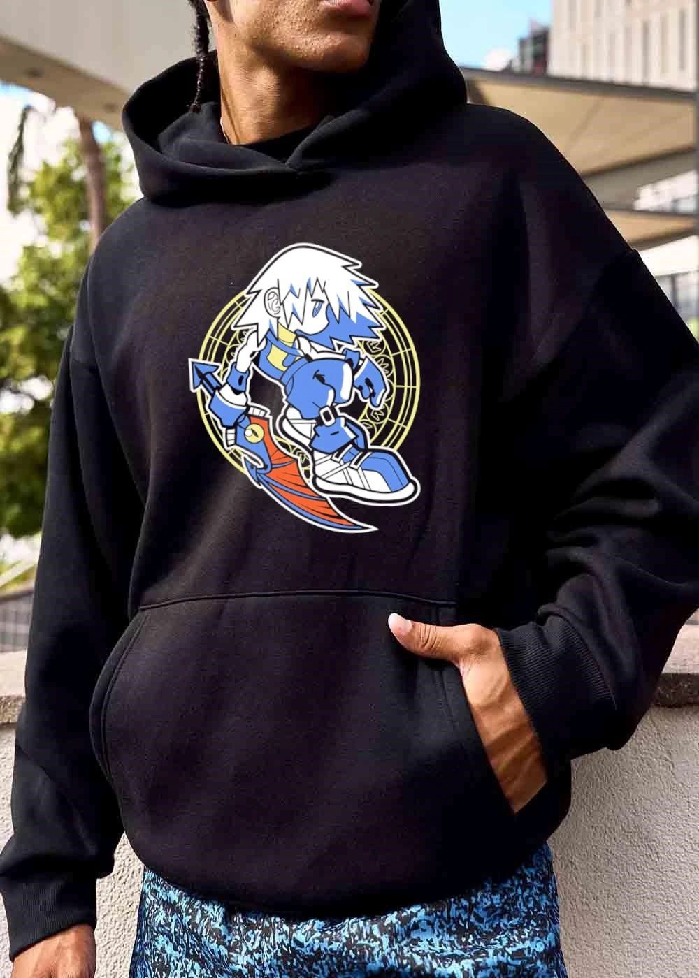 Cartoon Anime Warrior Spiky White Hair Holding Winged Sword Magic Circle shirt