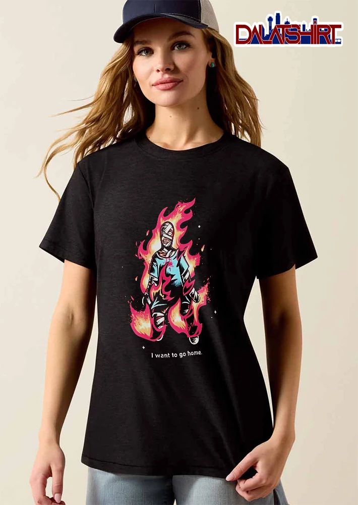 I Want To Go Home Bandaged Figure Engulfed Pink Flames Cartoon shirt