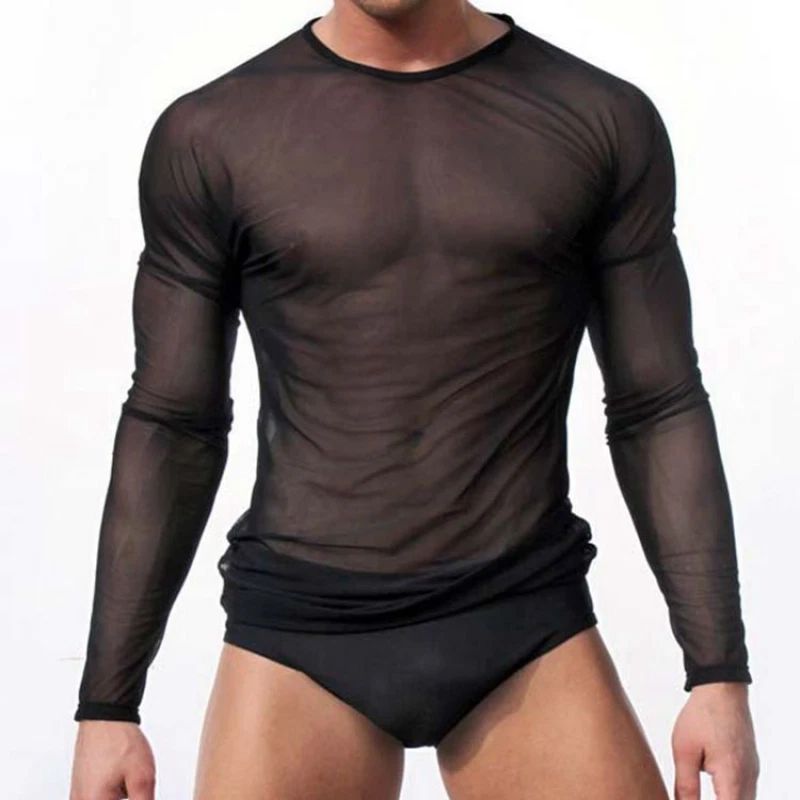 Men Trendy Slim Breathable Round Neck Casual Fashion Mesh Long Sleeve T-Shirt