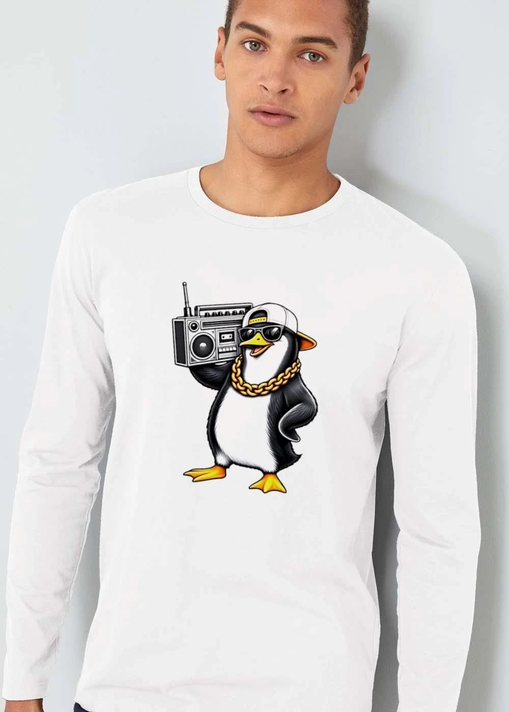Cartoon Hip Hop Penguin Carrying Retro Boombox Gold Chain Sunglasses shirt