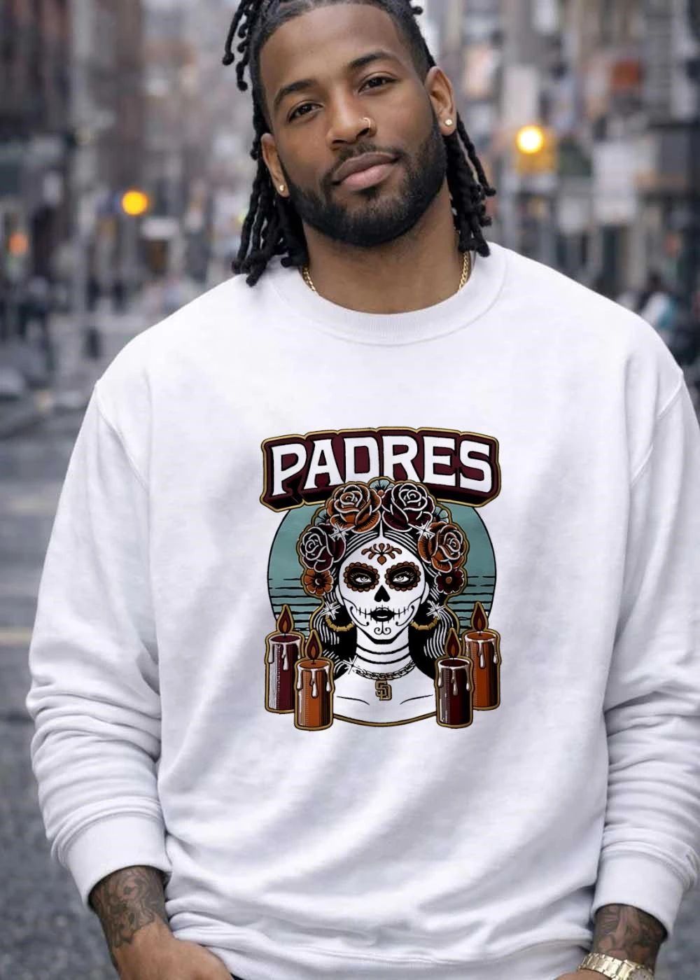 Sugar Skull Woman Wearing SD Pendant Candles Padres Shirt