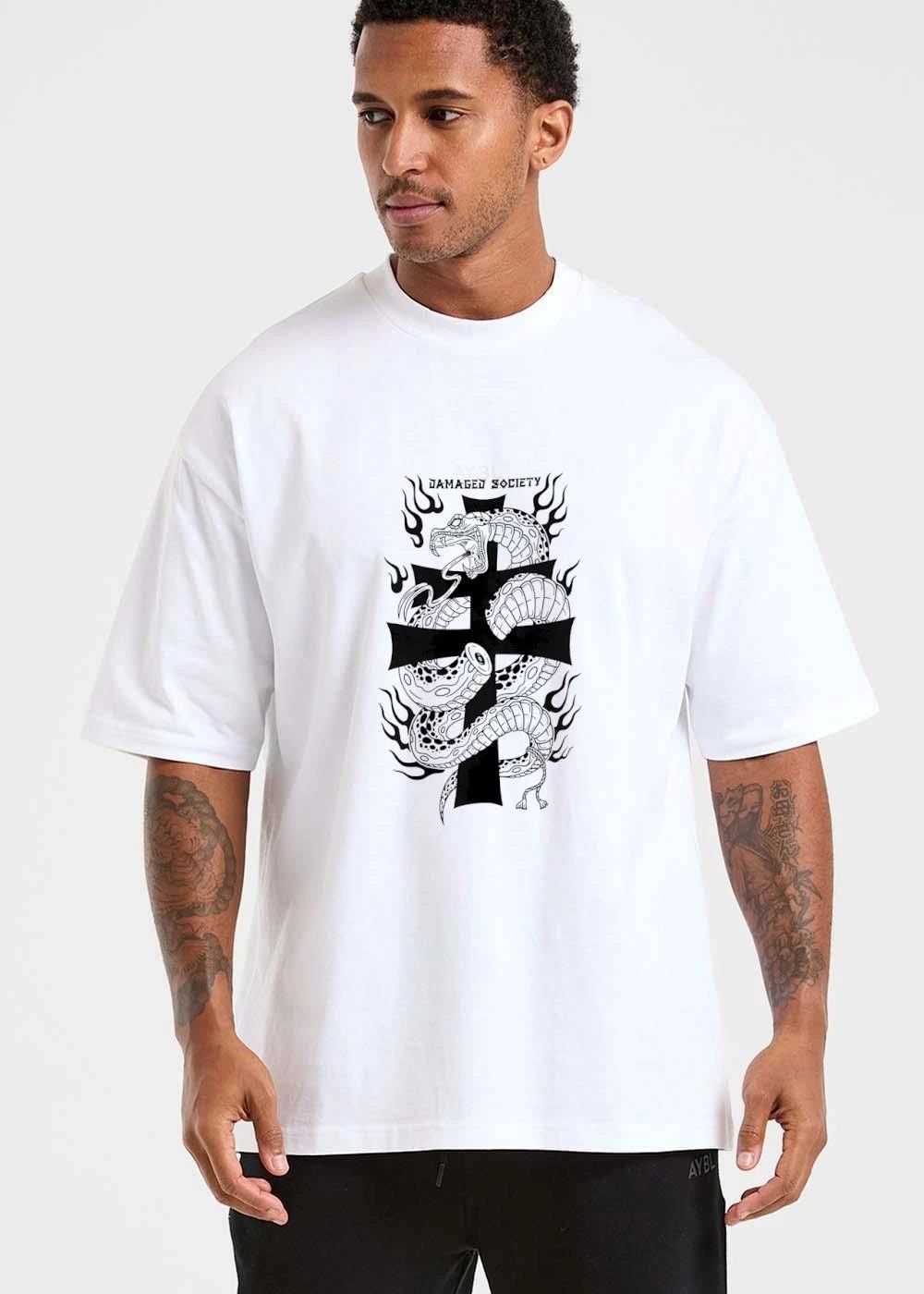 Damaged Society Snake Coiled Around Black Cross Flames Line Art shirt