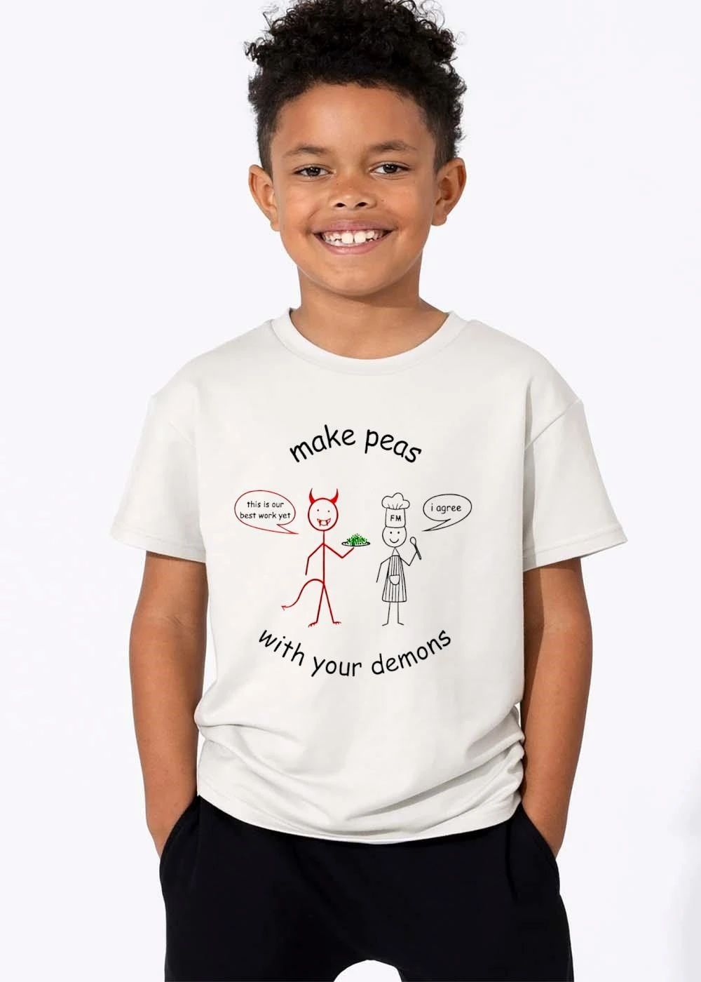 Make Peas With Your Demons Cartoon Stick Figure Chef Red Devil Holding Green Food Spoon shirt