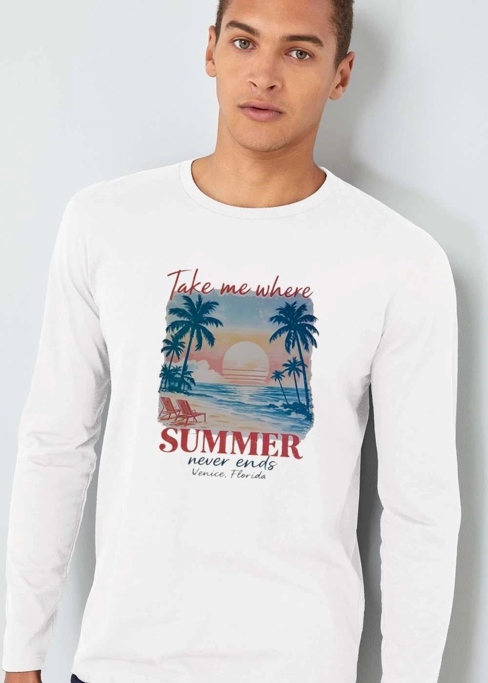 Take Me Where Summer Never Ends Venice Florida Palm Trees Beach Chairs Sunset Watercolor shirt
