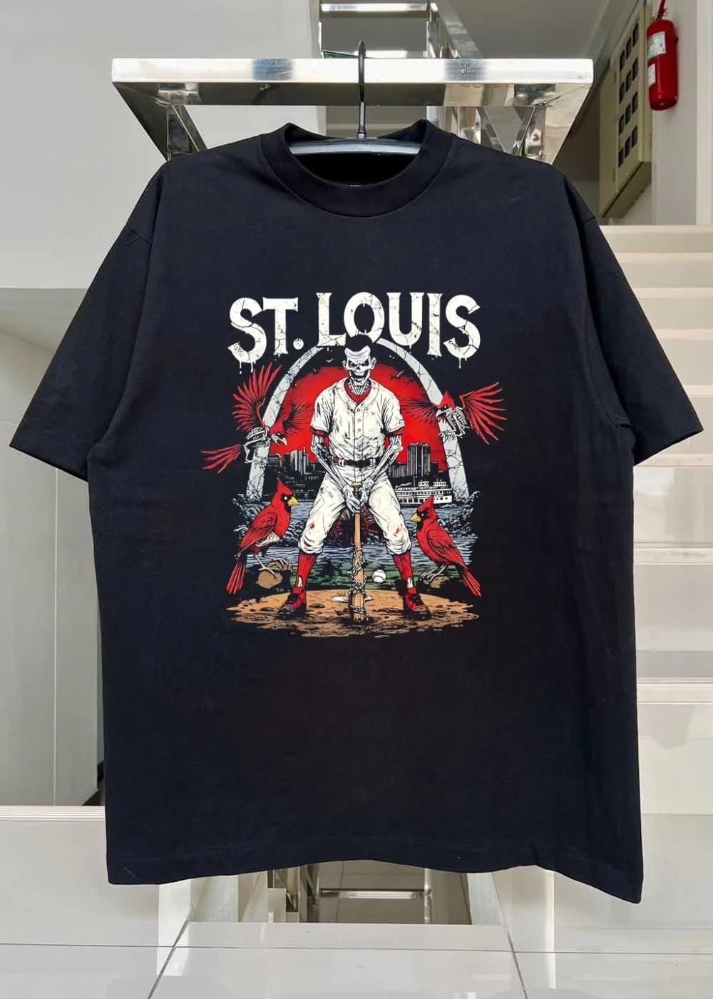 St. Louis Baseball Skeleton Resting on Bat and Cardinals T-Shirt