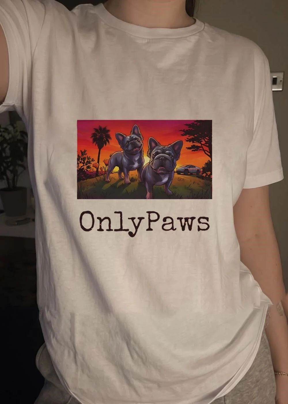 OnlyPaws Two French Bulldogs Sunset Cybertruck shirt