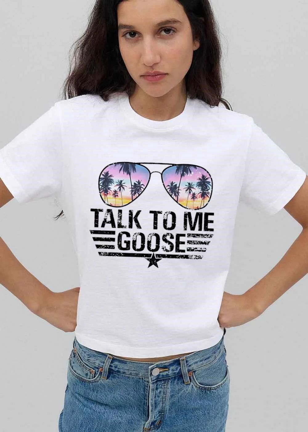 Talk To Me Goose Distressed Aviator Sunglasses Tropical Palm Trees Sunset Reflection Wings Star shirt