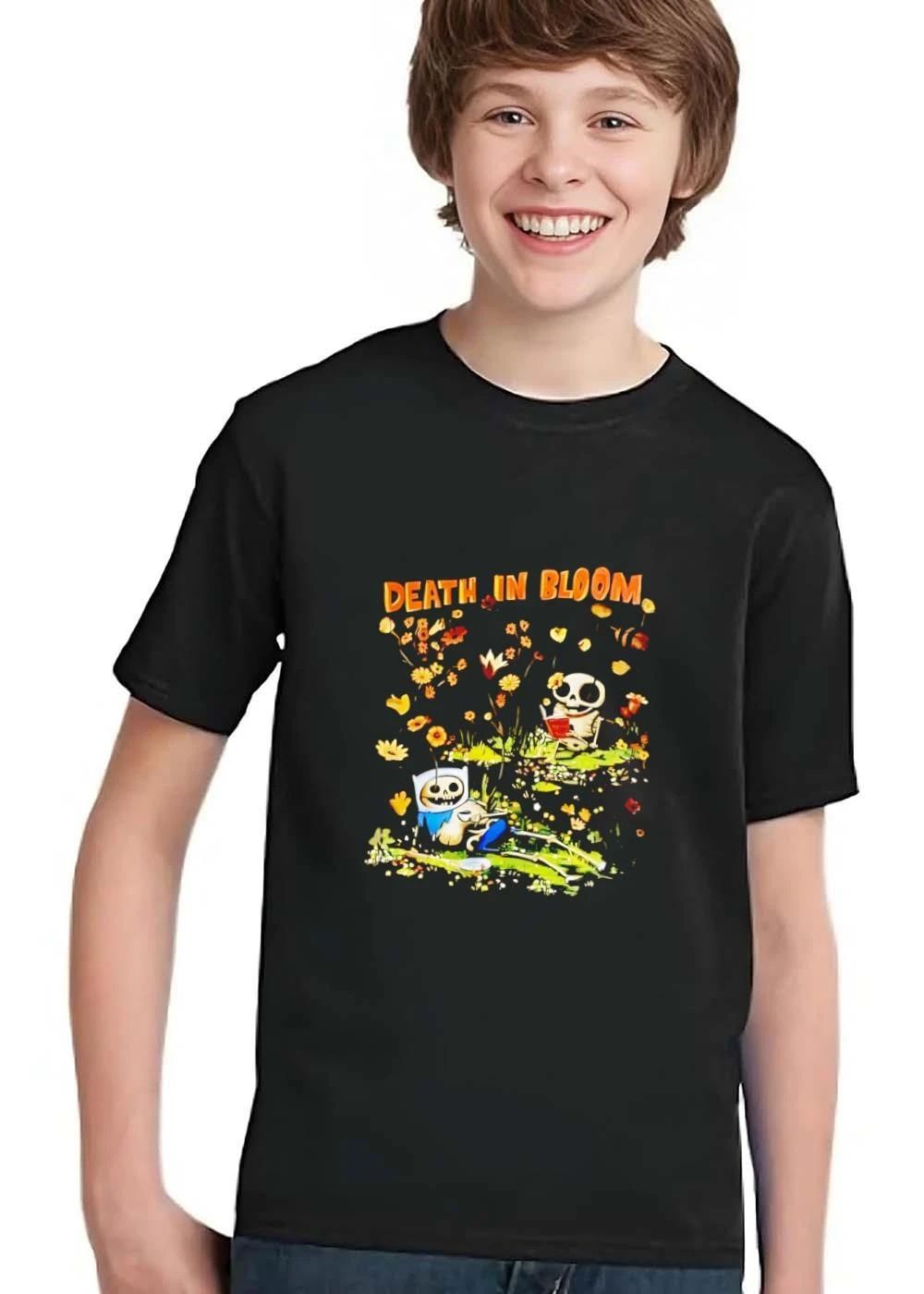 Death In Bloom Cartoon Skeleton Characters Reading Flower Garden shirt