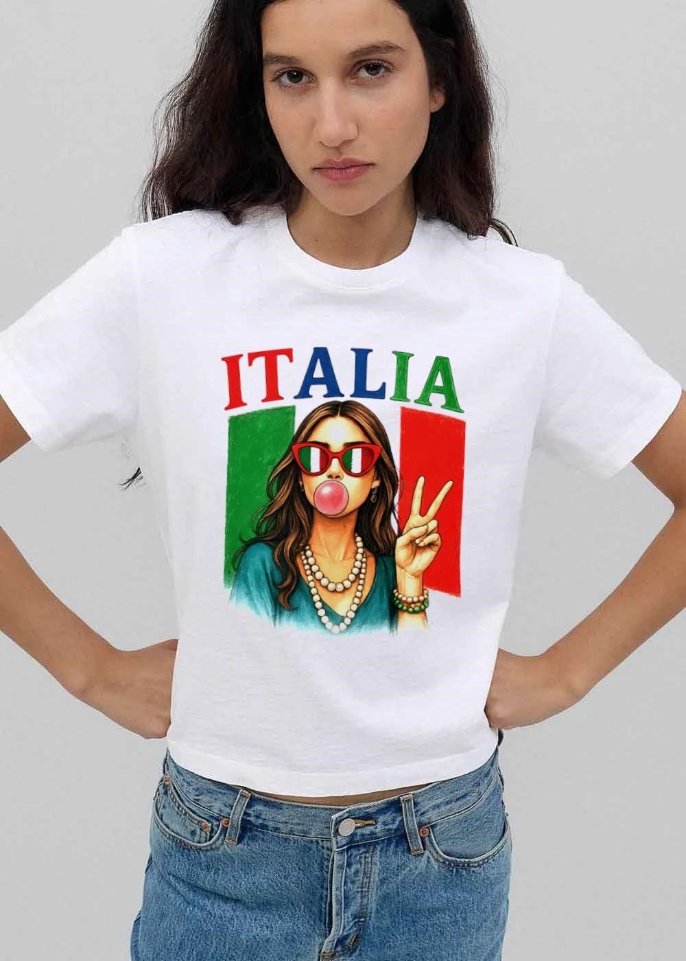 Italia Woman Blowing Pink Bubblegum Sunglasses Peace Sign Flag shirt