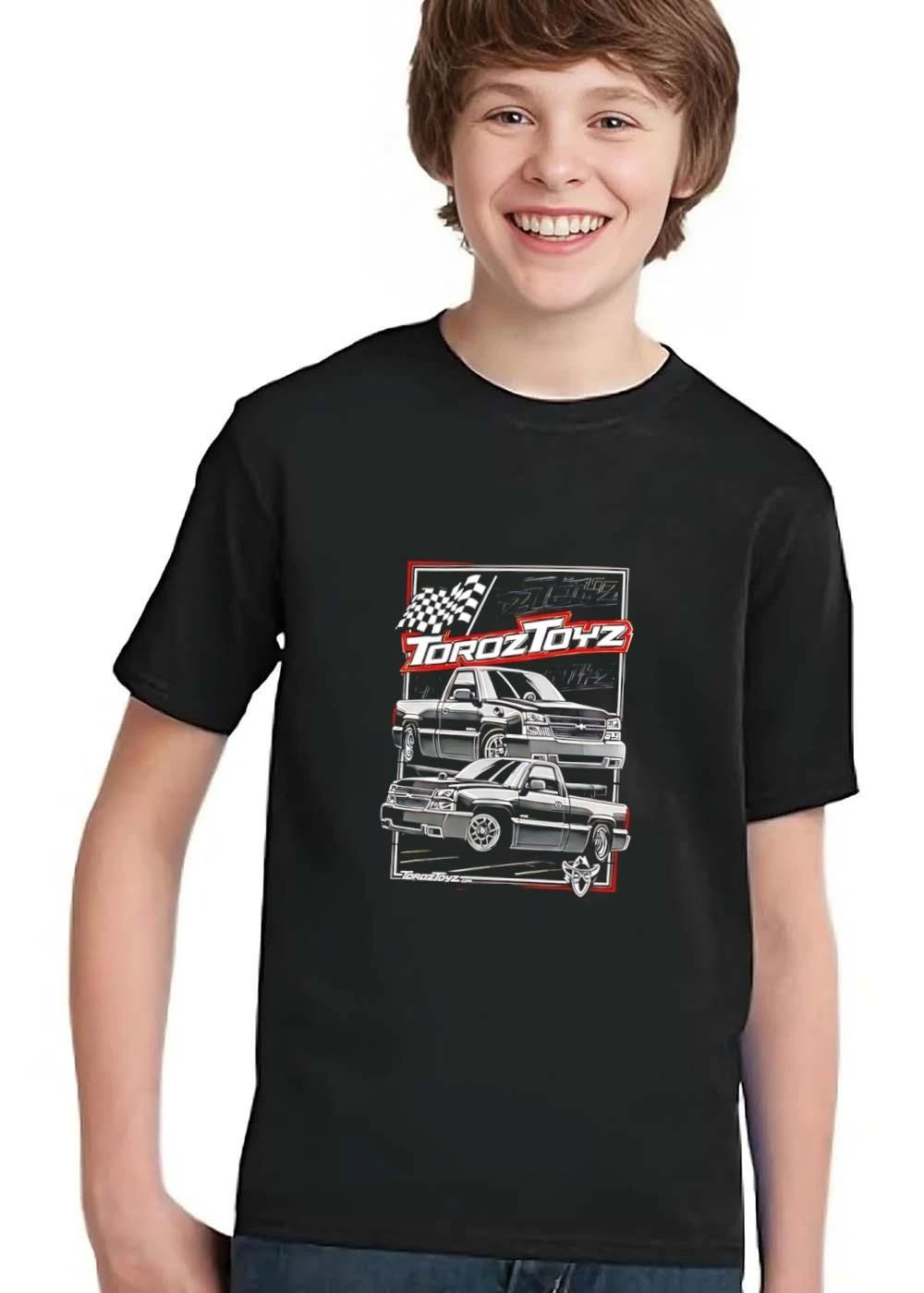 Toroztoyz Two Black Chevy Pickup Trucks Checkered Flag Line Art shirt