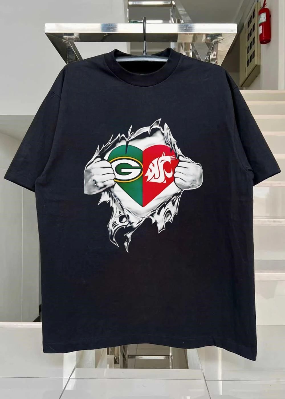 Rip Through Heart Green Bay Packers Washington State Cougars T-Shirt
