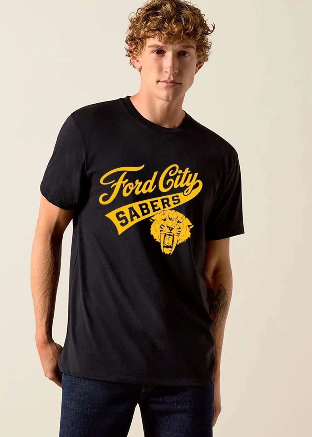 Ford City Sabers Yellow Sabertooth Tiger Head Script Banner shirt