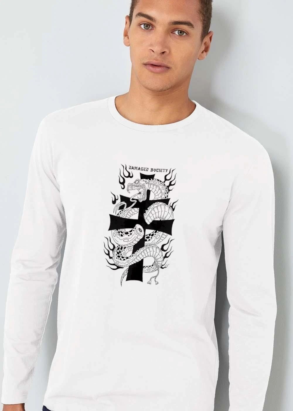 Damaged Society Snake Coiled Around Black Cross Flames Line Art shirt