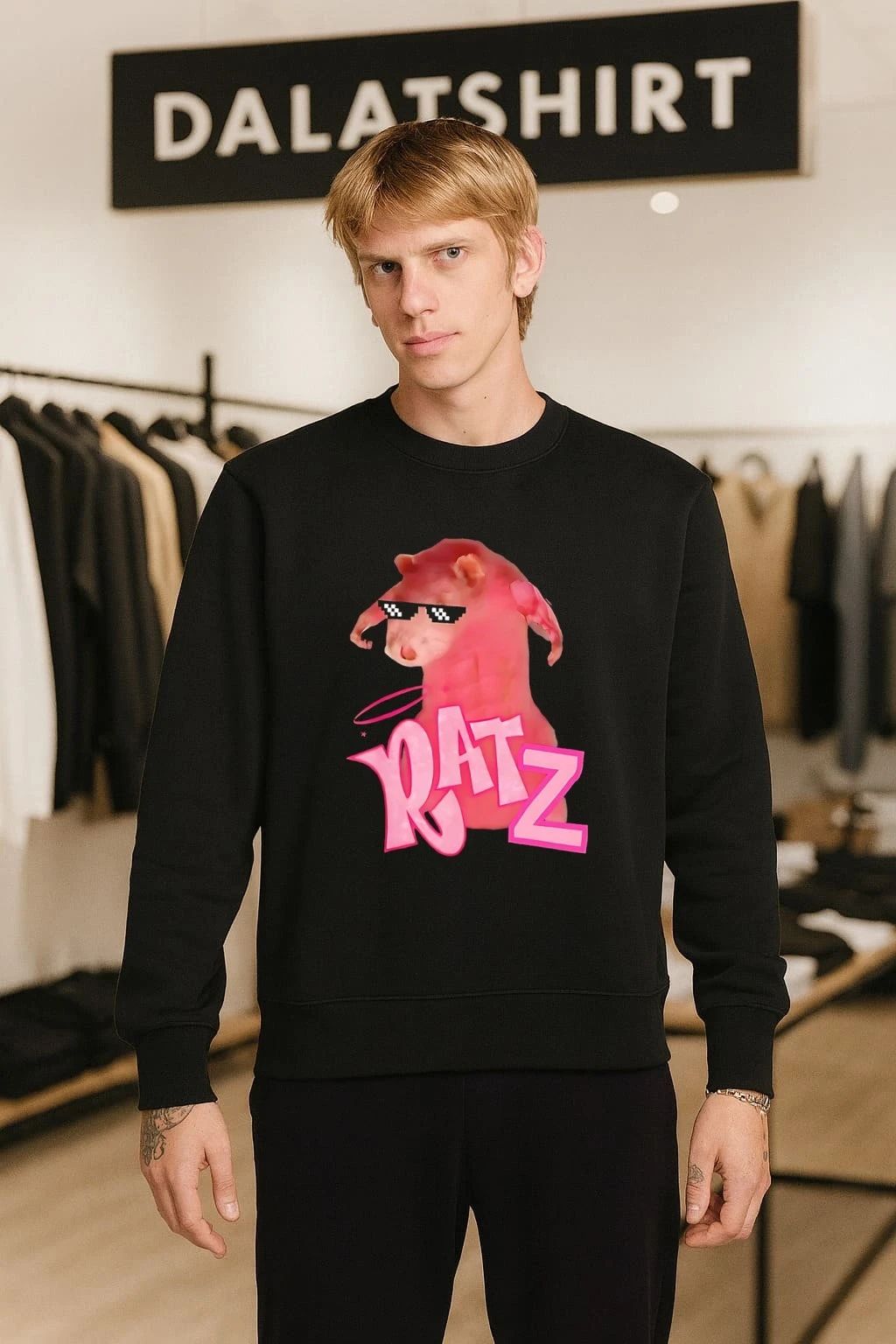 Muscular pink toned rat with pixel thug life sunglasses Bratz doll logo parody RATZ shirt