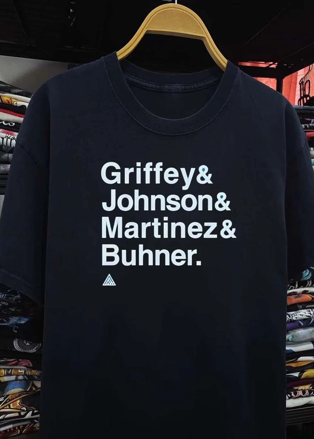 Griffey Johnson Roster White Sans Serif Typography Text Black Background Triangle Logo shirt