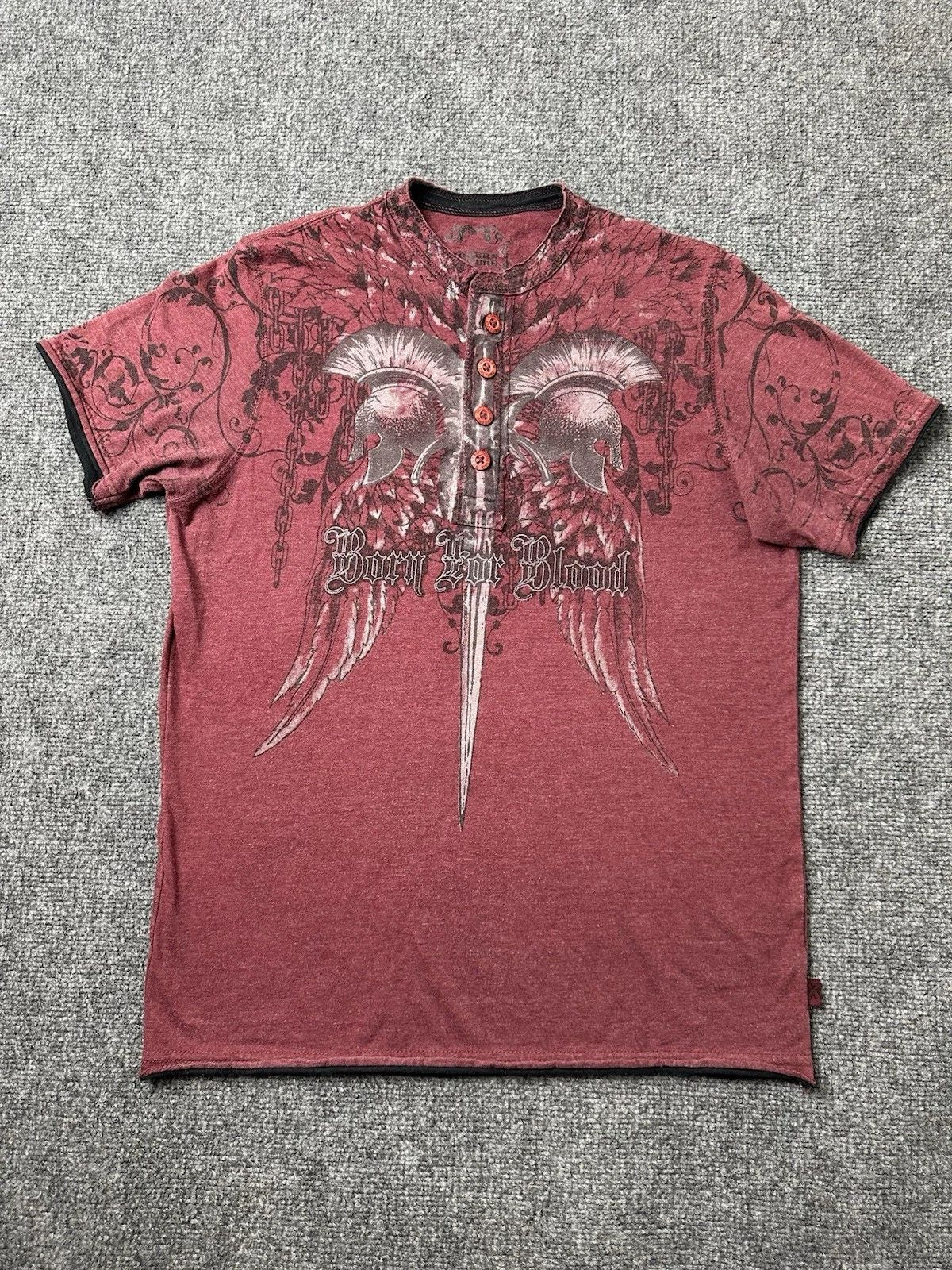 Mens Henley T-Shirt Modern Culture Born For Blood Graphic Back Print, Size S