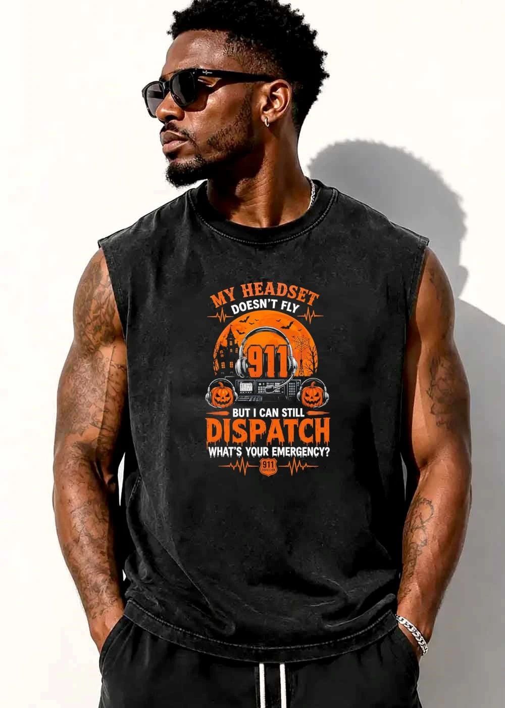 My Headset Doesnt Fly But I Can Still Dispatch Whats Your Emergency 911 Orange Halloween Moon Jack O Lanterns shirt