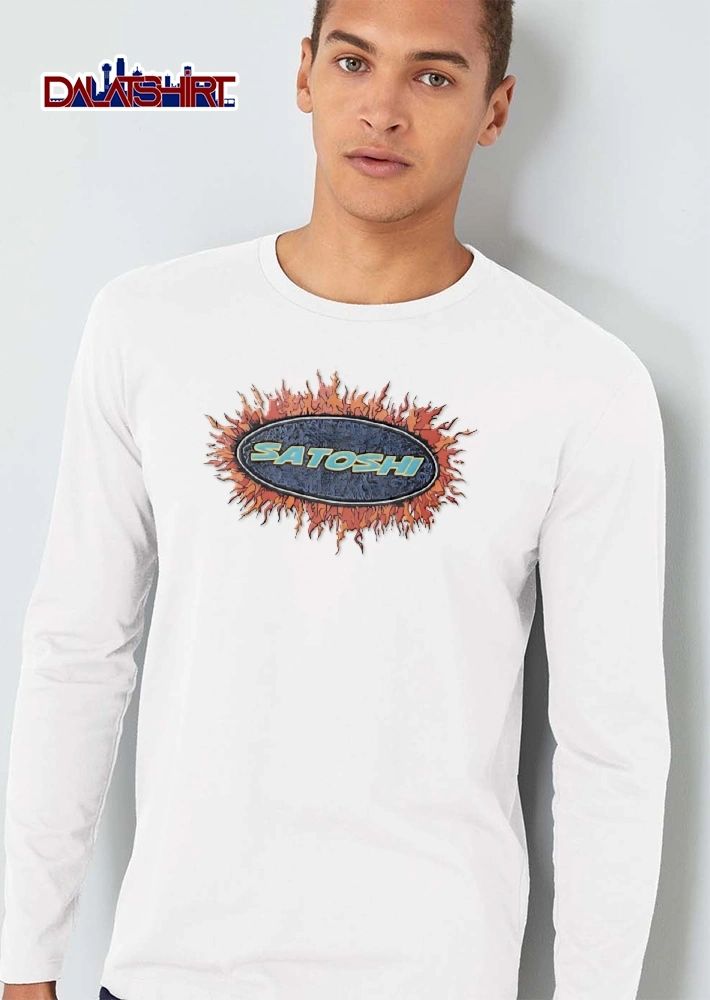 Satoshi Cyan Text Inside Dark Blue Crackled Oval Fiery Orange Flames shirt