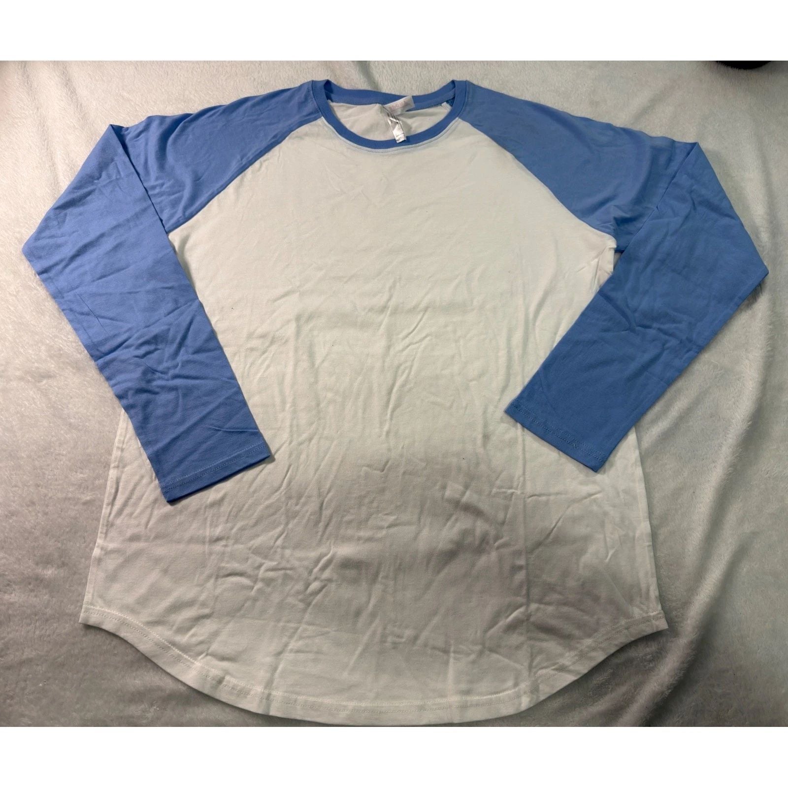Mens Sky Blue White Raglan Baseball Tee Long Sleeve Cotton Curved Hem Shirt L