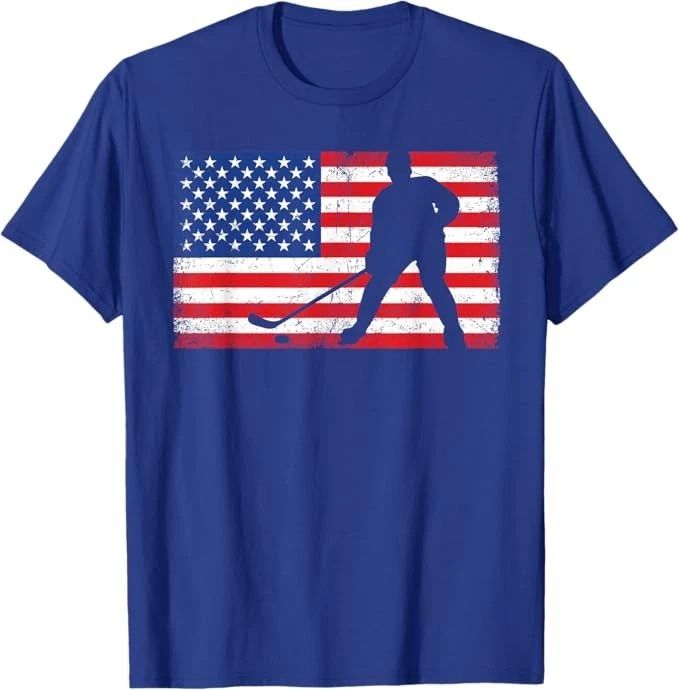 Red White Blue USA Flag Ice Hockey Player 4th of July T-Shirt