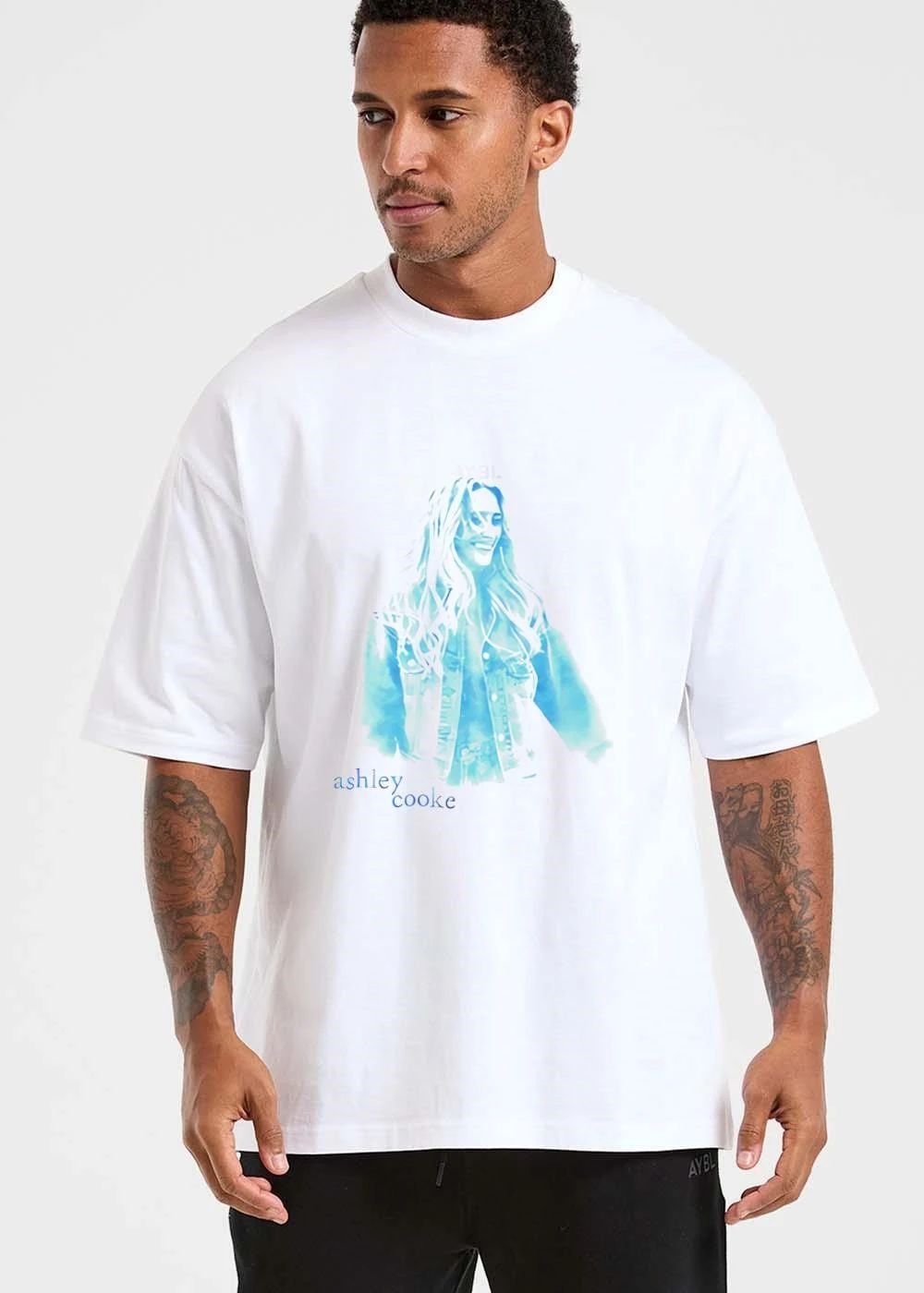 Ashley Cooke Smiling Woman Denim Jacket Cyan Watercolor Portrait shirt